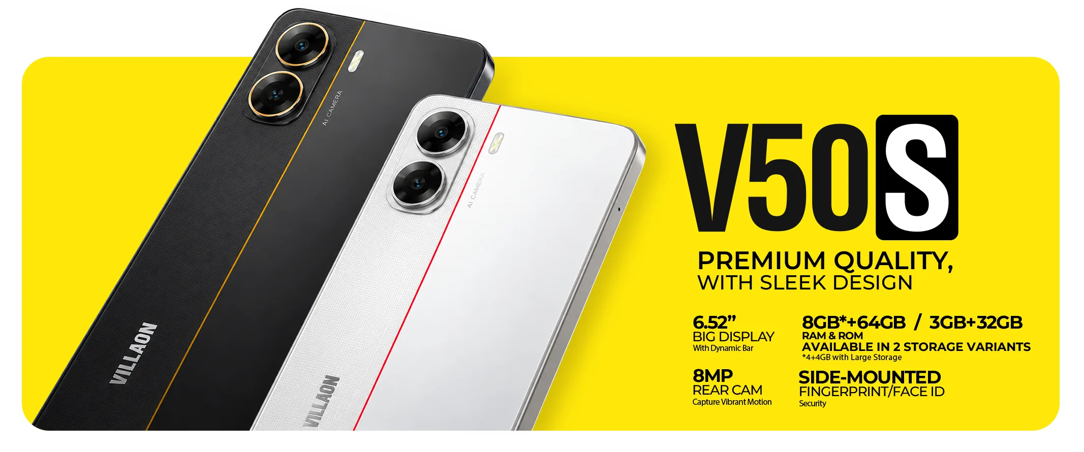Villaon V50s in Black and White – 6.52 inch display, 8MP rear camera, up to 8GB RAM with 64GB storage, side-mounted fingerprint and Face ID