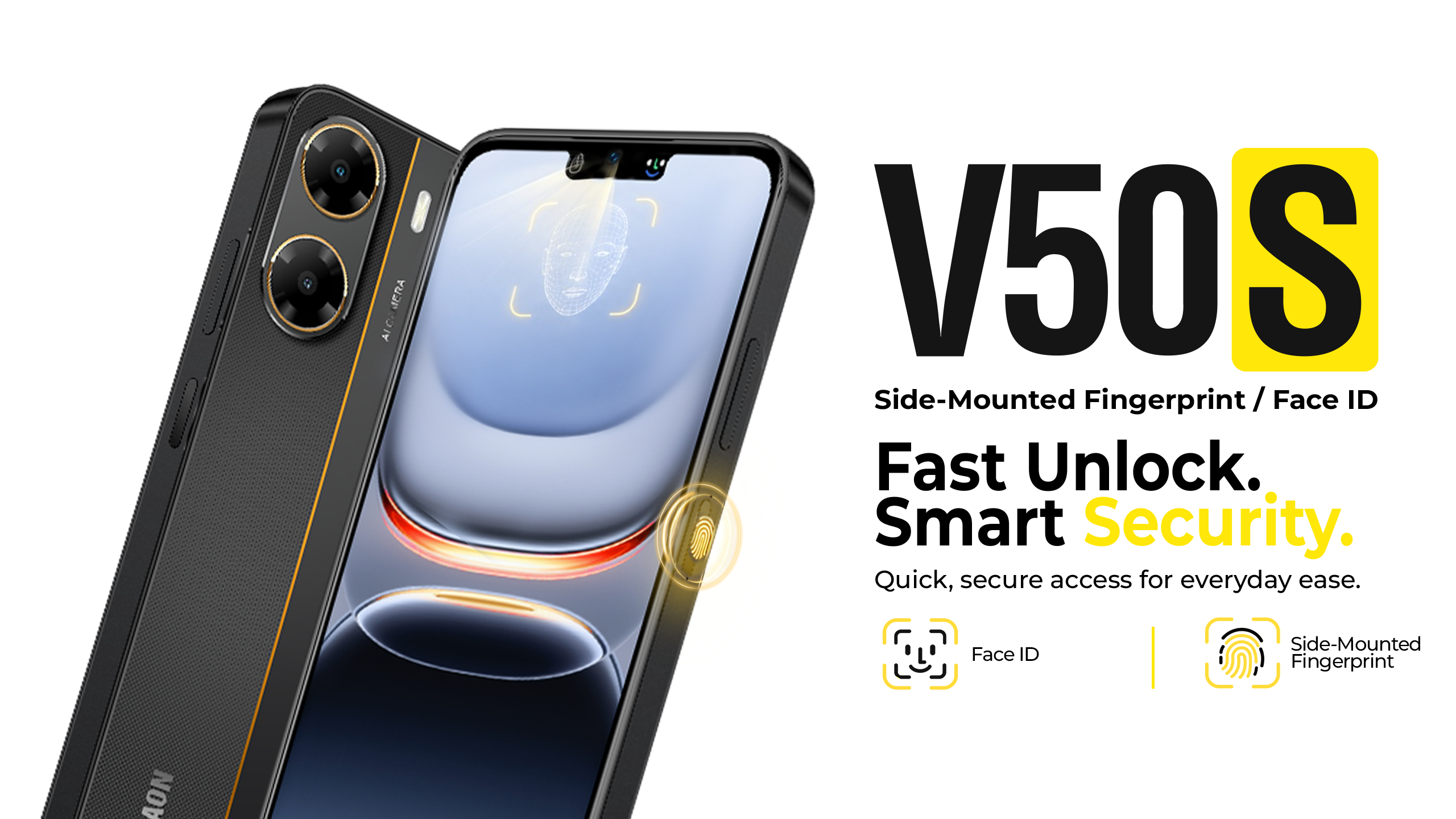 Villaon V50s side-mounted fingerprint sensor and Face ID unlock